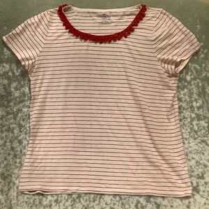 Talbots Red and White Striped Womans Tee with pom pom necklinePlus Size 1X RS